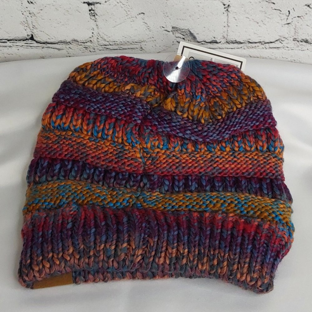 'C.C BEANIE' MESSY BUN BEANIE TAIL' VARIEGATED STRIPE - Picture 4 of 16